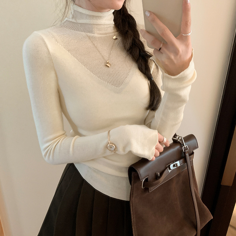 Solid Color Sheer Panel High Neck Knitwear Top for Women,Style Chic Mini Shirt - Image 5