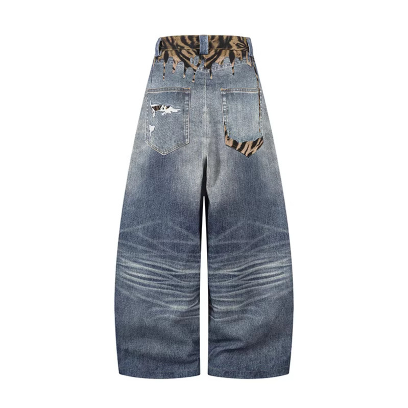 Unique Design Scratched Ripped Pleated Casual Loose Wide Leg Dagger Jeans - Image 2