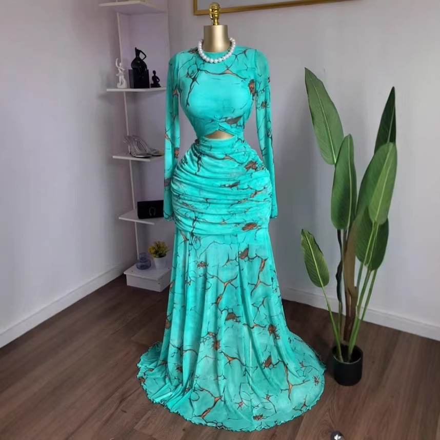 Printed Hollow Mesh Pleated Long Sleeve Fish Tail Dress - Image 3