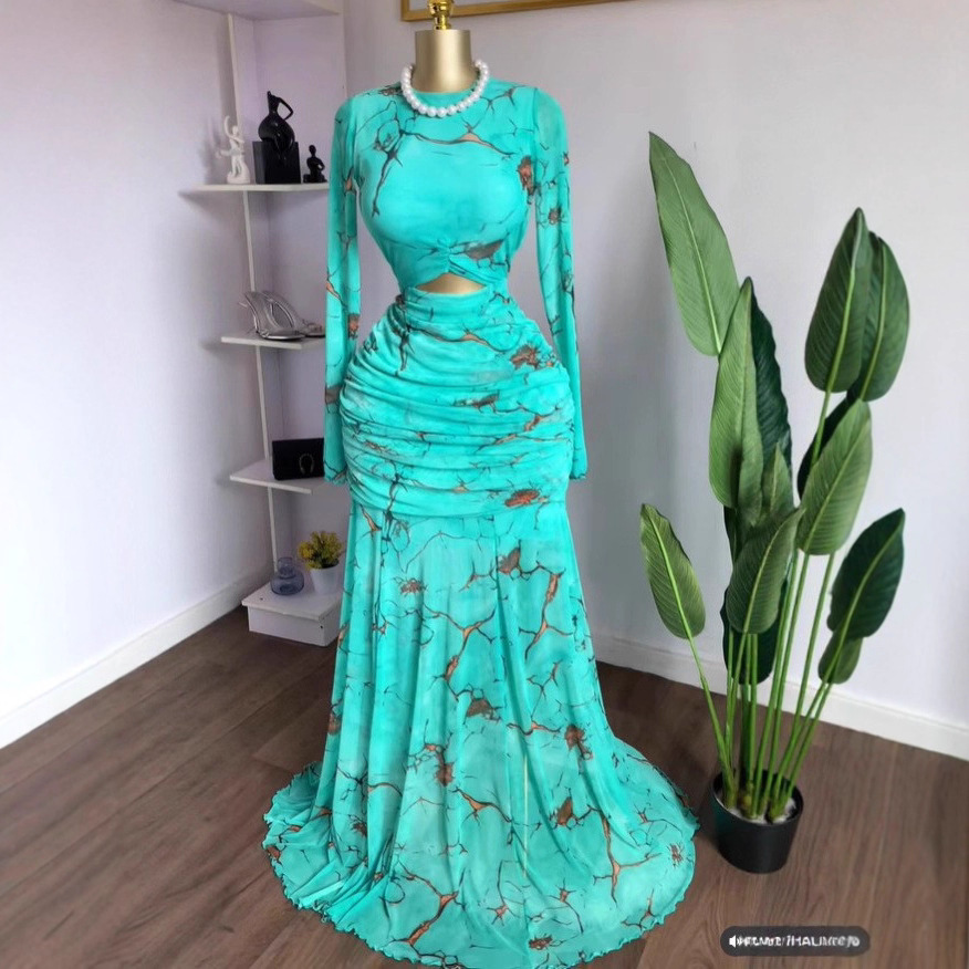 Printed Hollow Mesh Pleated Long Sleeve Fish Tail Dress - Image 6