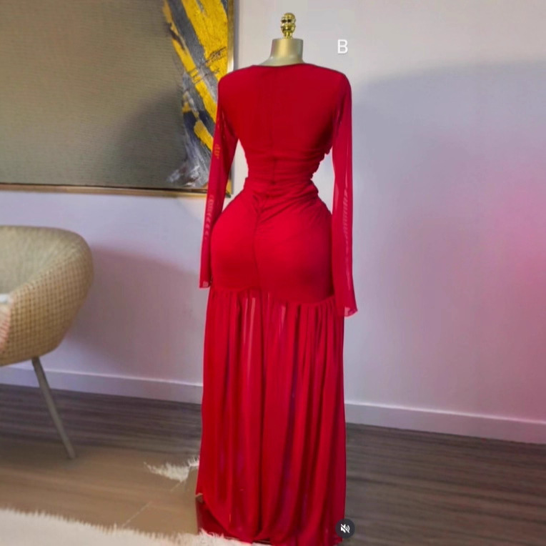 Style Sheer Solid Color Long Sleeve Sexy Fitted Strapless Maxi Dress - Image 2