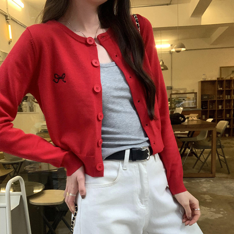 Embroidery Slim Knit Cardigan Women's Unique Design Versatile Fitted Short Top - Image 5