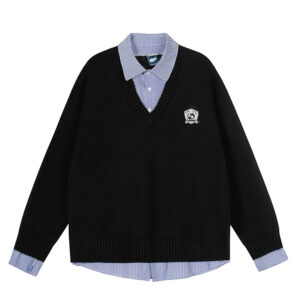 Plaid Spliced Mock Two-Piece Long Sleeve Knit Sweater Couple Women's Autumn