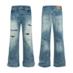 Washed Vintage Patchwork Denim Jeans with Cat Eye Rips and Inner Patches
