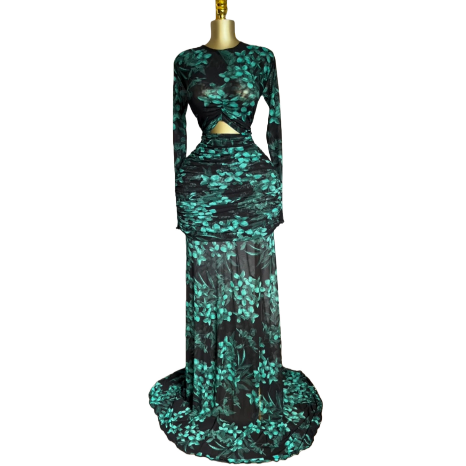 Printed Hollow Mesh Pleated Long Sleeve Fish Tail Dress - Image 5