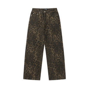 Leopard Print Straight Leg Washed Casual Pants