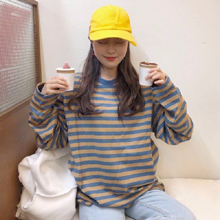 Chic Korean Style Stripe Long Sleeve T-Shirt Loose Crewneck Harajuku Student Basic Tee - Image 2