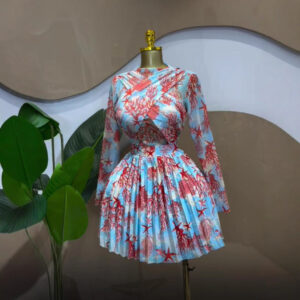 Sweet Mesh Sheer Long Sleeve Printed Pleated Mini Dress with Cross Front Design