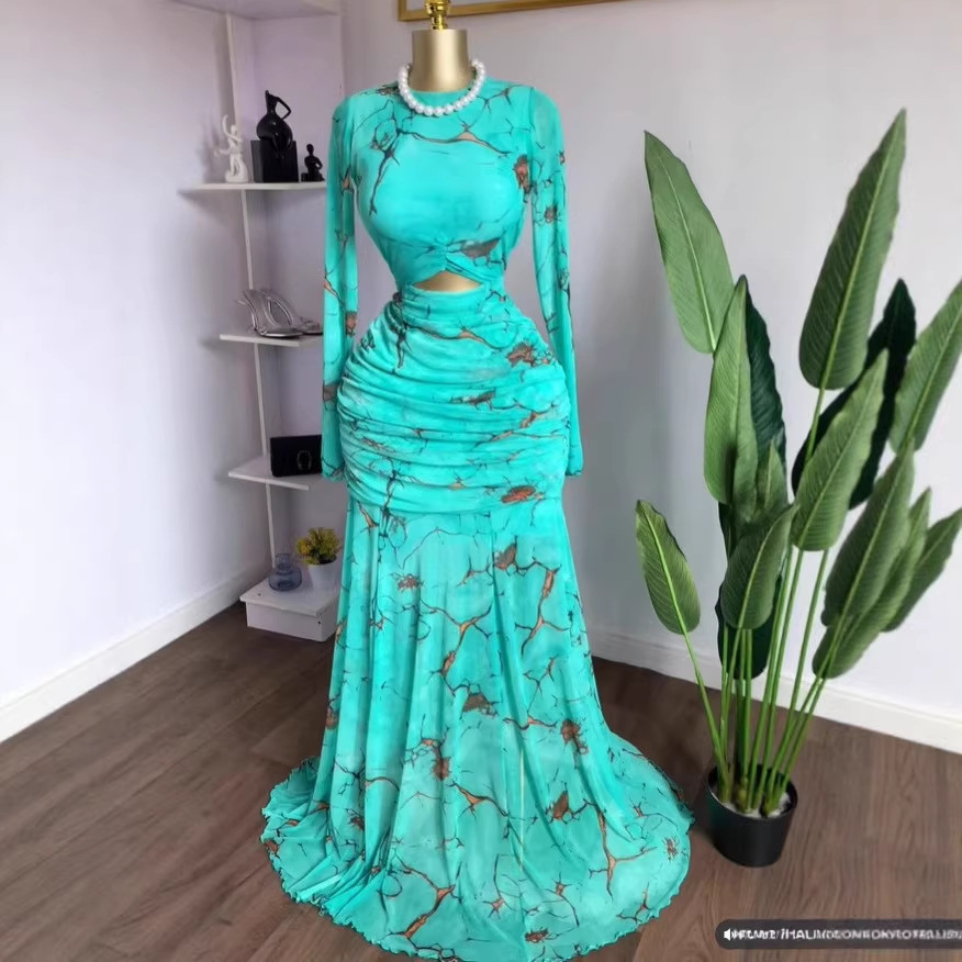 Printed Hollow Mesh Pleated Long Sleeve Fish Tail Dress - Image 4