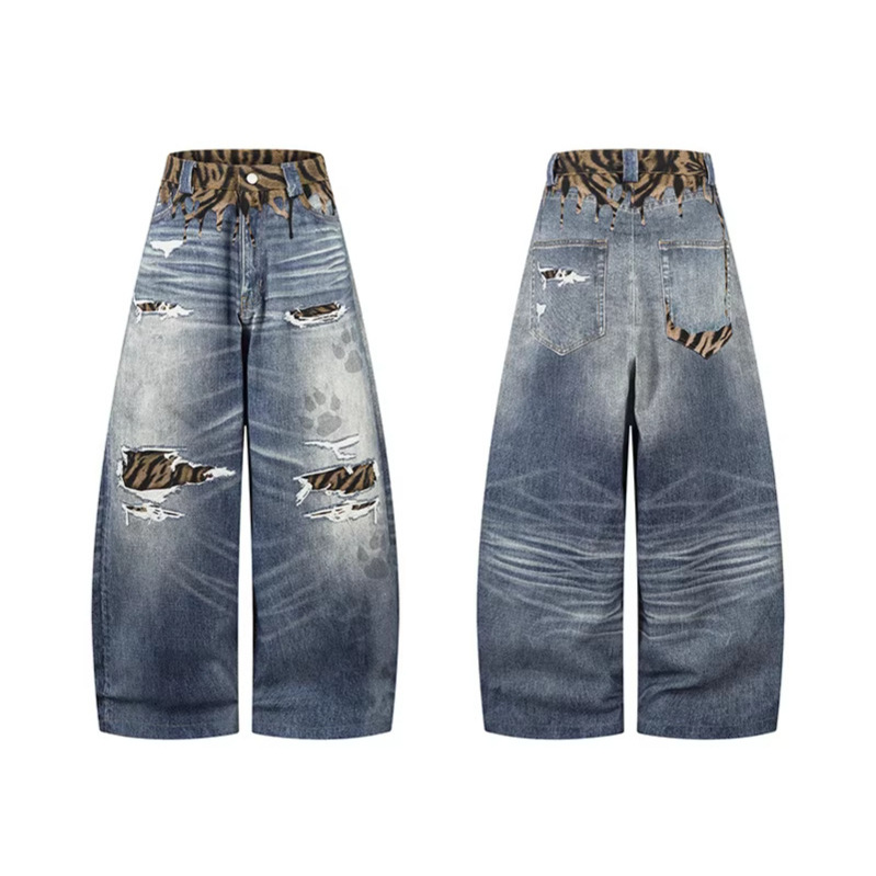 Unique Design Scratched Ripped Pleated Casual Loose Wide Leg Dagger Jeans - Image 3