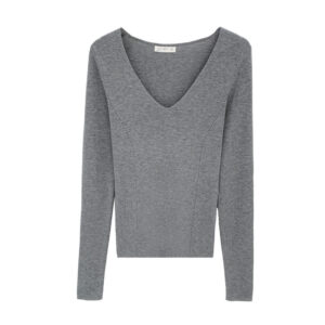 V-neck straight shoulder long sleeve knit top for women