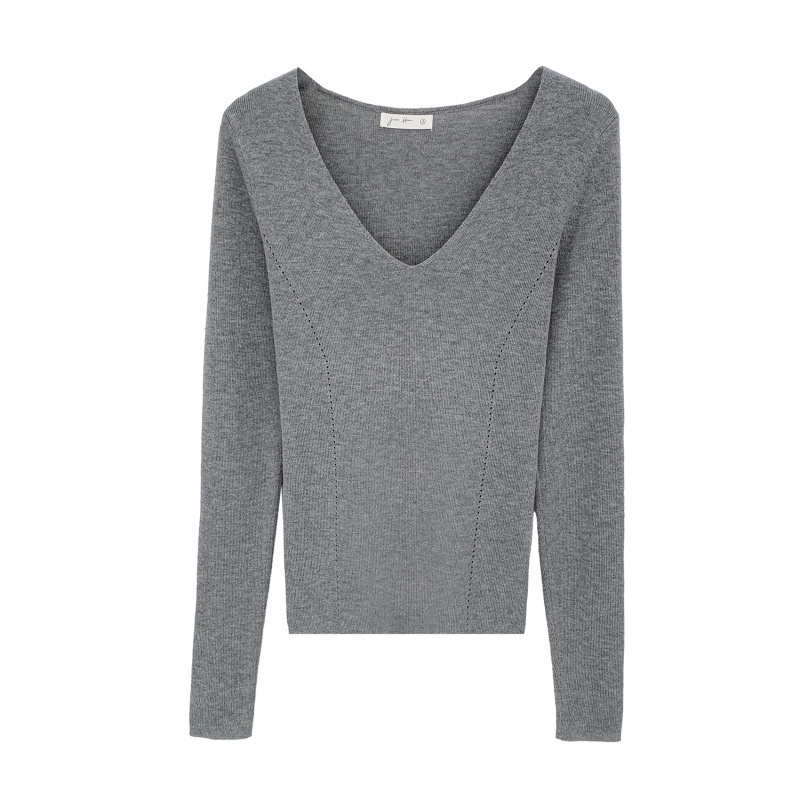 V-neck straight shoulder long sleeve knit top for women