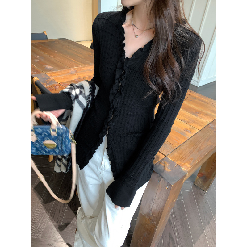 Ruffled V-Neck Long Sleeve Knit Cardigan for Women, Slim Fit, Elegant Top - Image 4