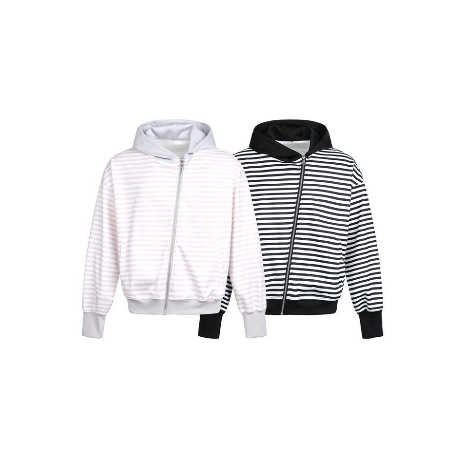 Hooded Zip-Up Striped Sweatshirt Side Zipper Hoodie - Image 5