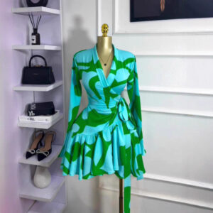 Style Women's Dress with Long Sleeves, V-Neck, Belted Waist, Printed Ruffle Mini Skirt