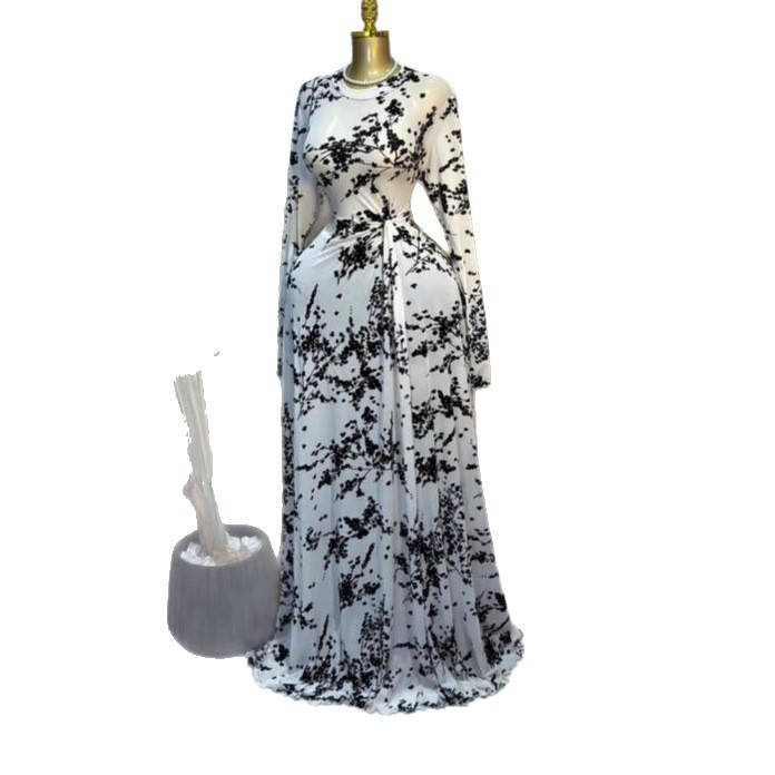 Printed Long Sleeve Sheer Mesh Pleated Maxi Dress for Women - Image 4